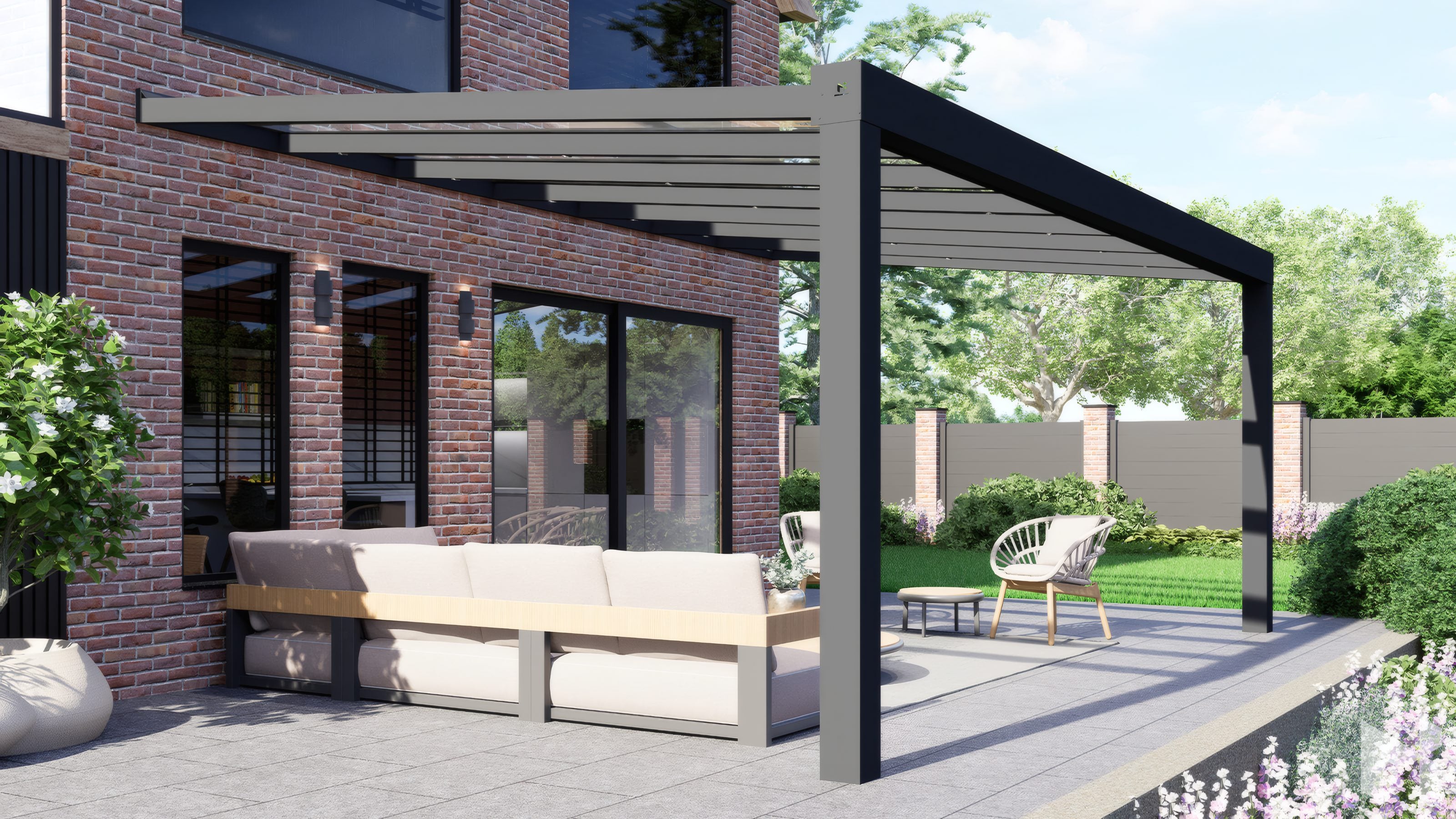 MB Bold Terrassendach in Anthrazit — massive 16 × 16 cm Pfosten und 21 cm hohe Dachrinne