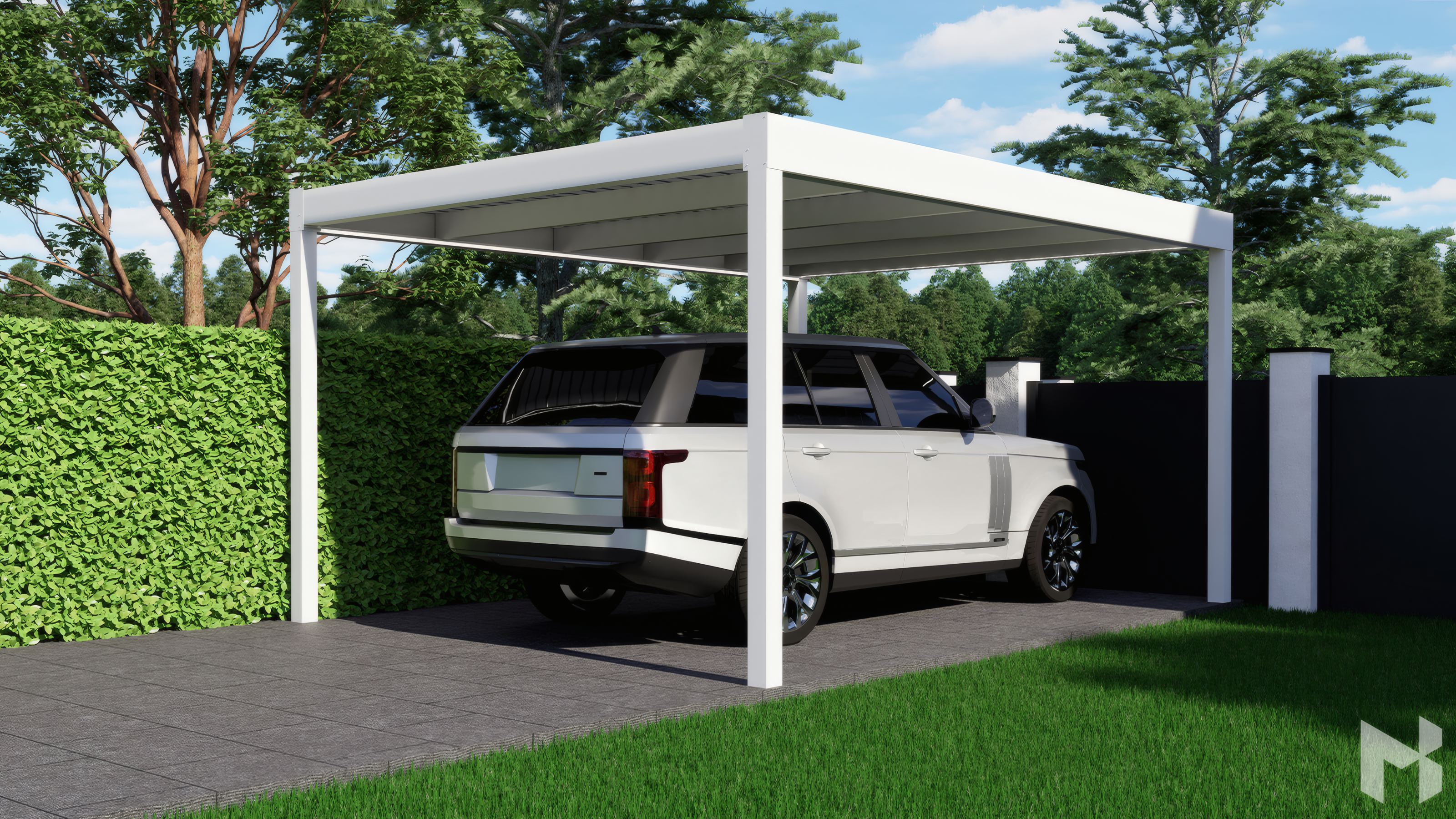 MB Carport in Weiß — freistehender Aluminium-Carport mit Trapezblechdach über einem Stellplatz
