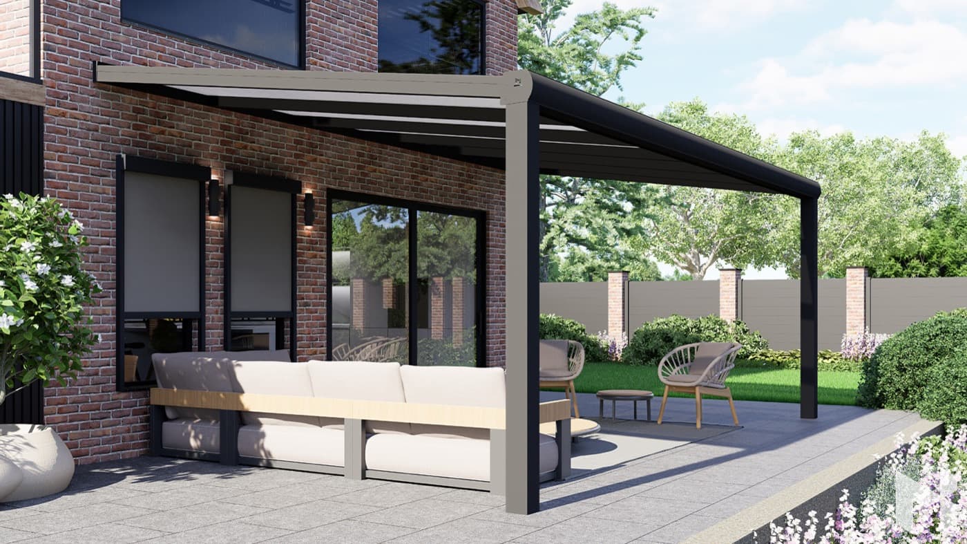 MB Solid Terrassendach in Anthrazit — sichtbare Dachneigung, schlanke Pfosten, runde Dachrinne