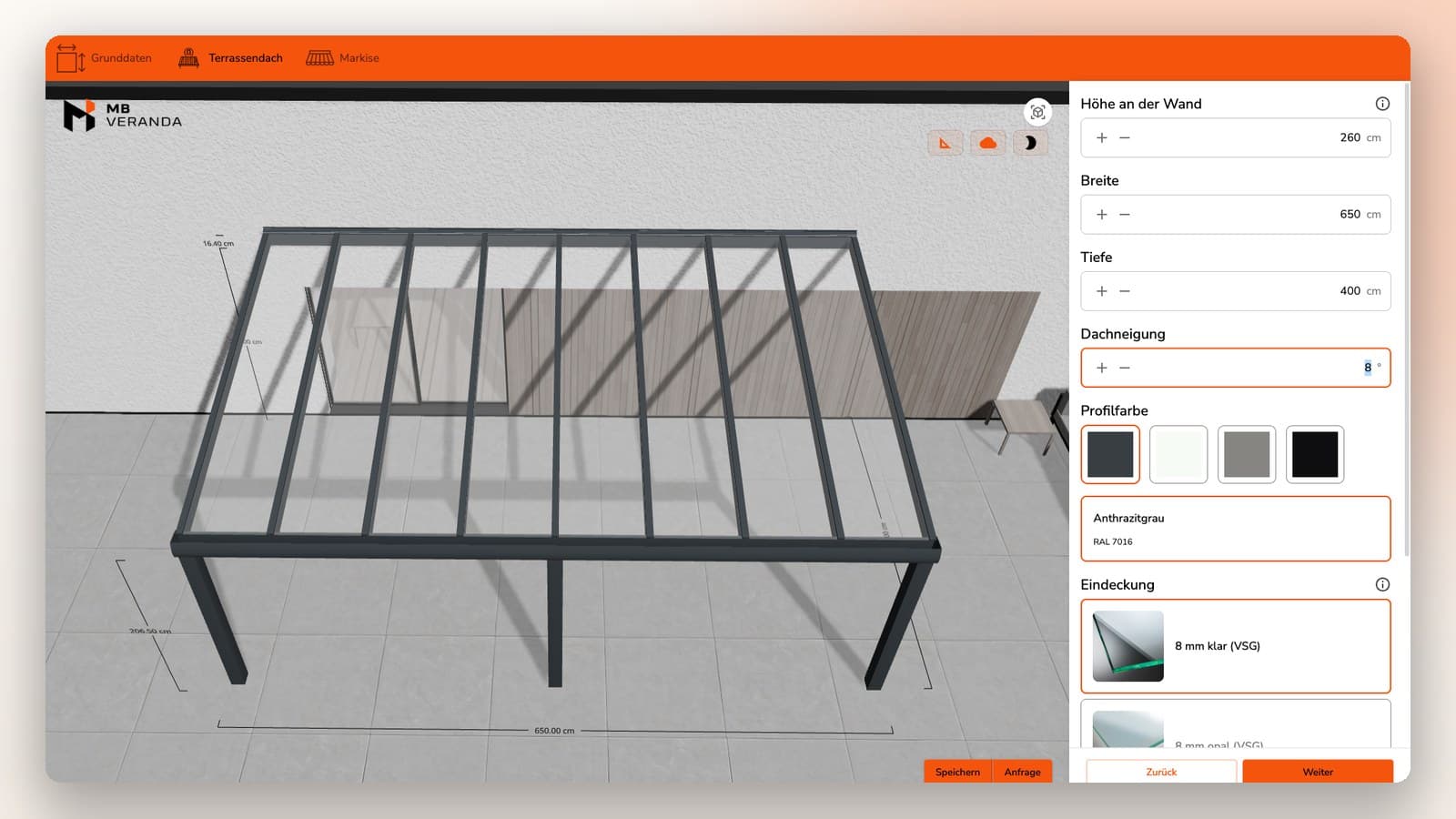 MB-Konfigurator: 3D-Terrassendach mit Maß-Panel, Breite 650 cm und Tiefe 400 cm